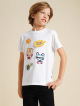 Boys White Printed Regular Fit Casual Tshirt
