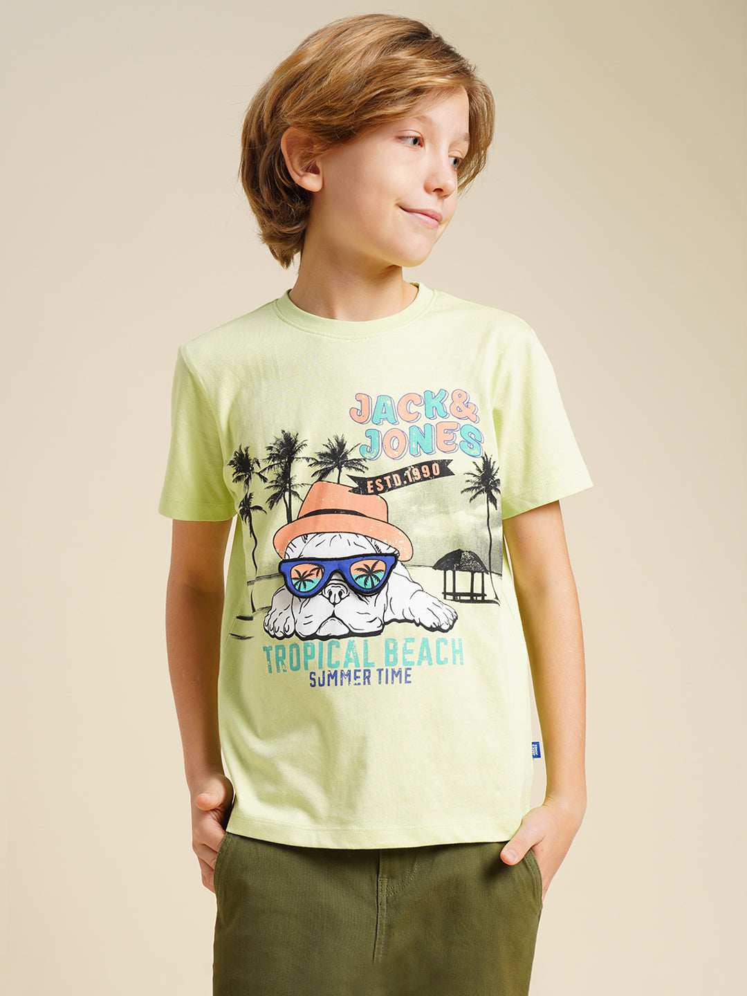 Boys Green Printed Regular Fit Casual Tshirt