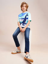 Boys Blue Printed Regular Fit Casual Tshirt
