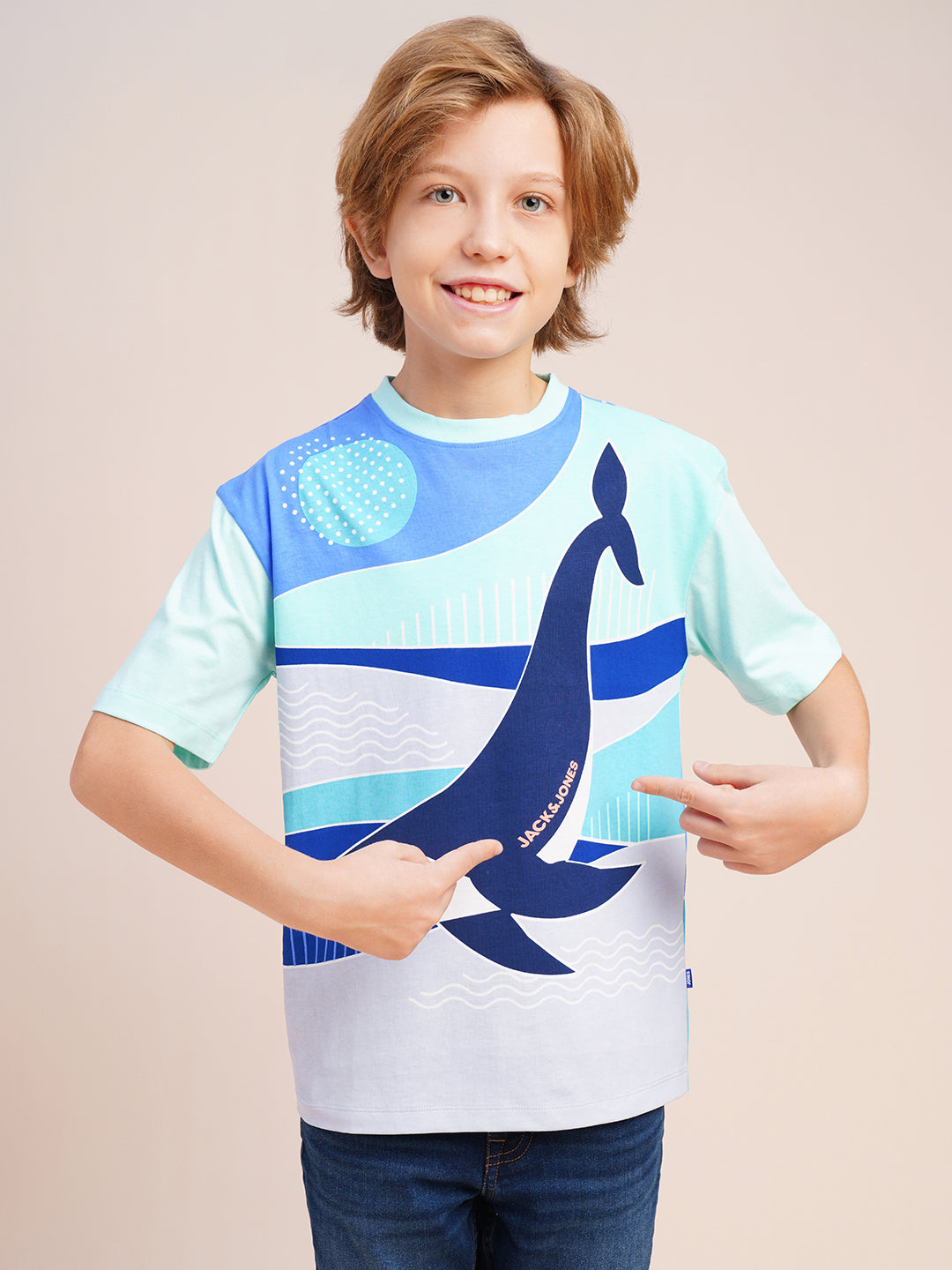Boys Blue Printed Regular Fit Casual Tshirt