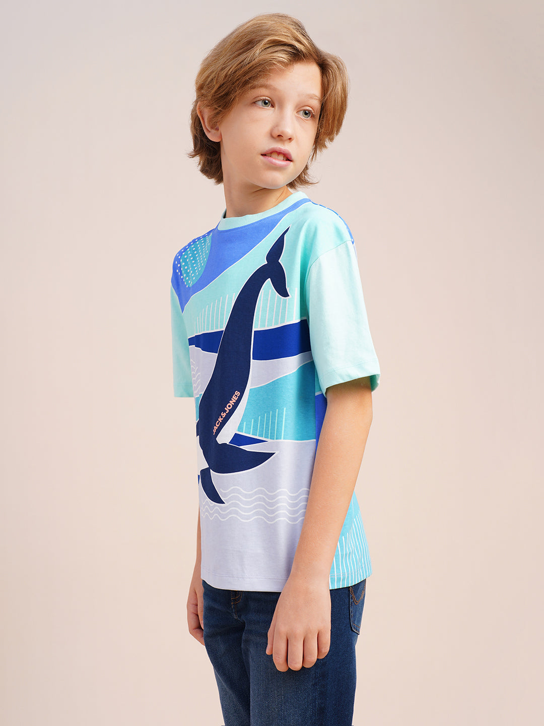 Boys Blue Printed Regular Fit Casual Tshirt