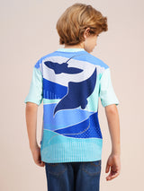 Boys Blue Printed Regular Fit Casual Tshirt