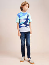 Boys Blue Printed Regular Fit Casual Tshirt