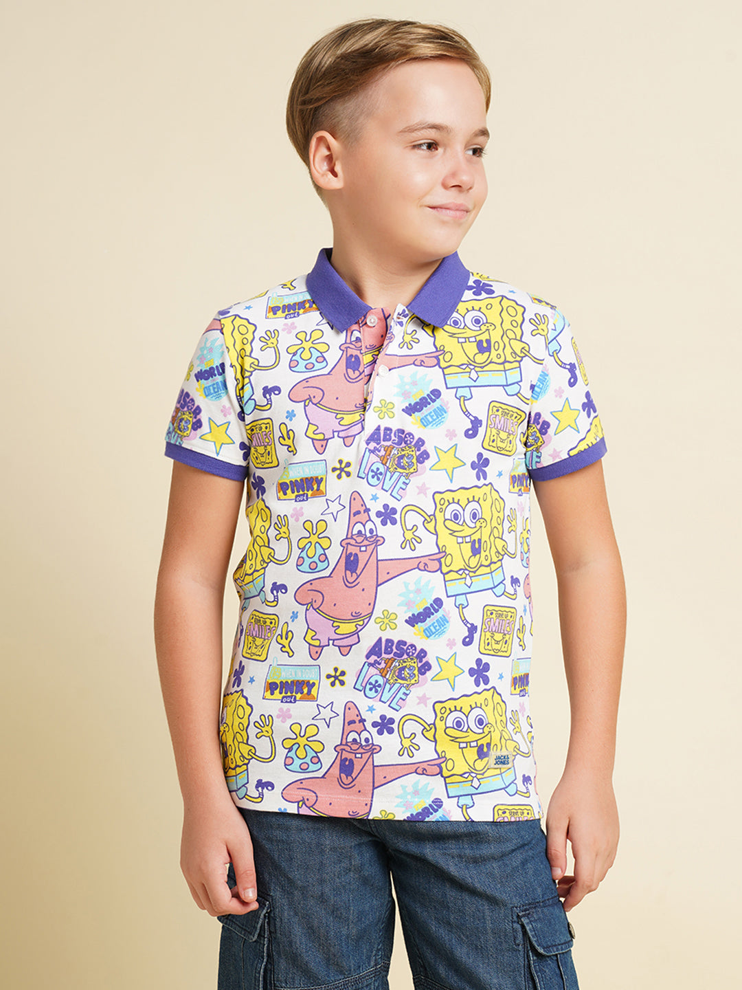 Boys White Printed Casual Polo Tshirt