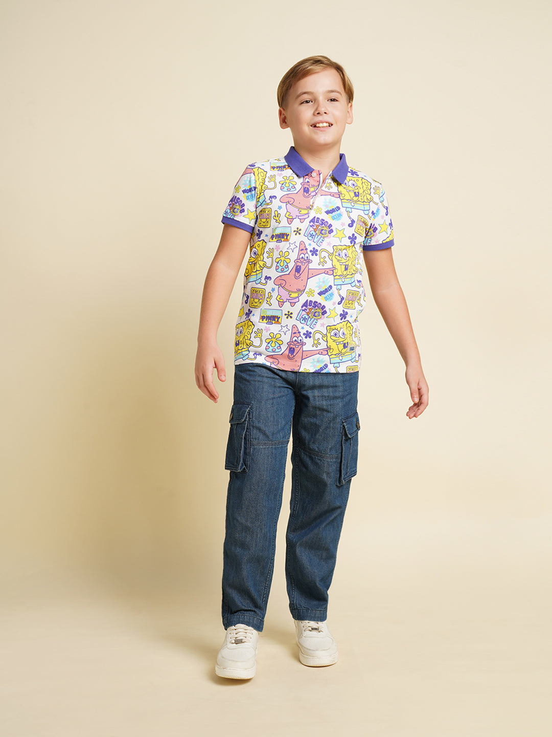 Boys White Printed Casual Polo Tshirt