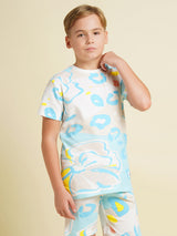 Boys Blue Printed Regular Fit Casual Tshirt