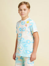 Boys Blue Printed Regular Fit Casual Tshirt