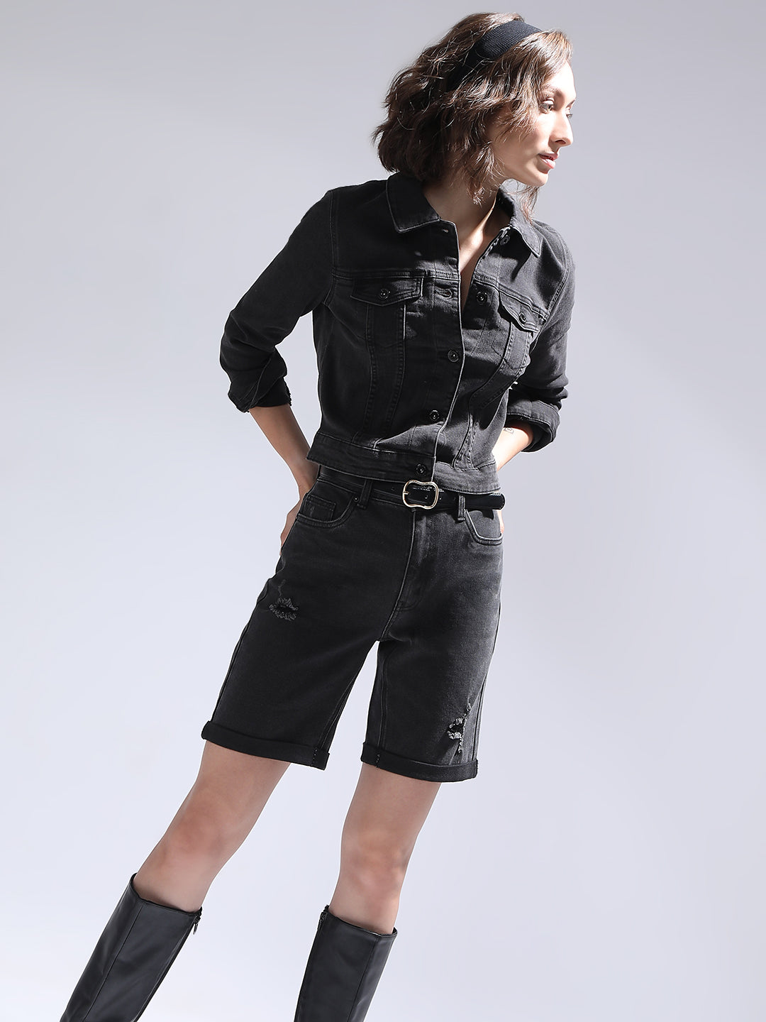 Women's Black Cropped Denim Jacket