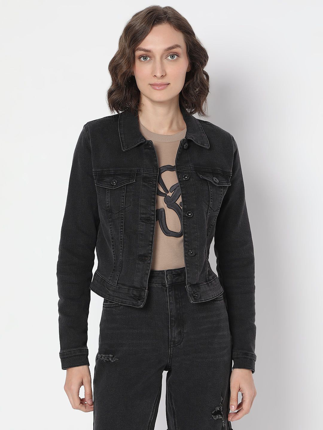 Women's Black Cropped Denim Jacket