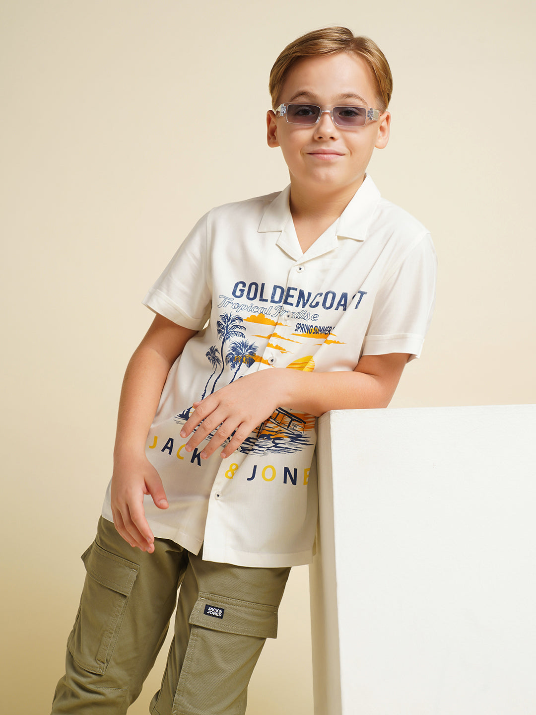 Boys White Printed Regular Fit Casual Shirt