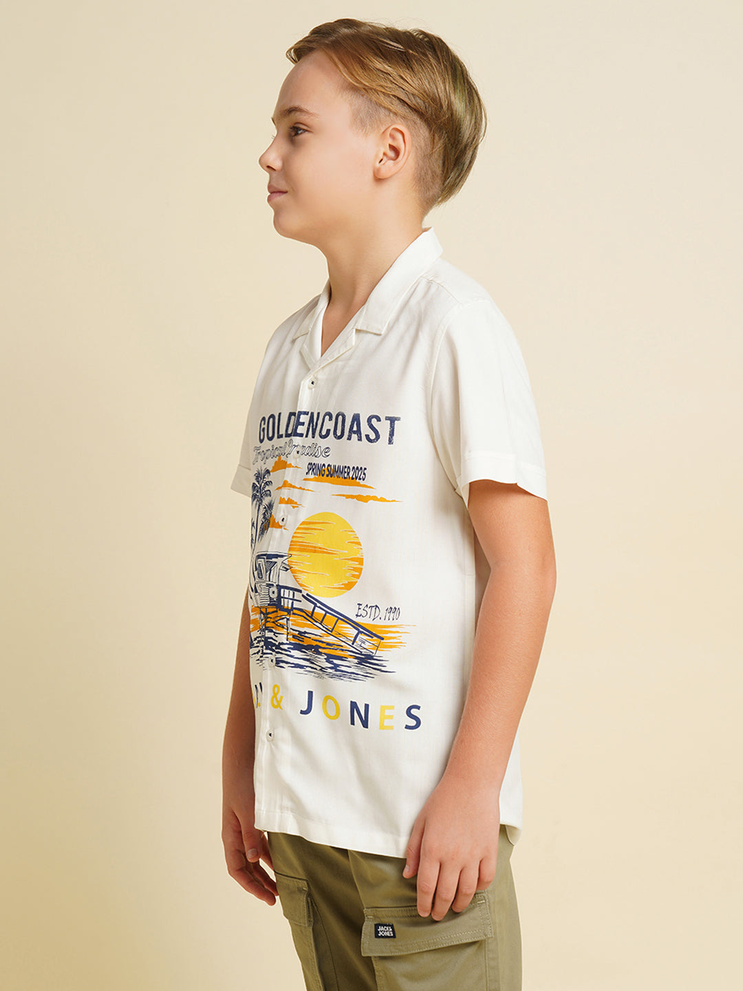Boys White Printed Regular Fit Casual Shirt