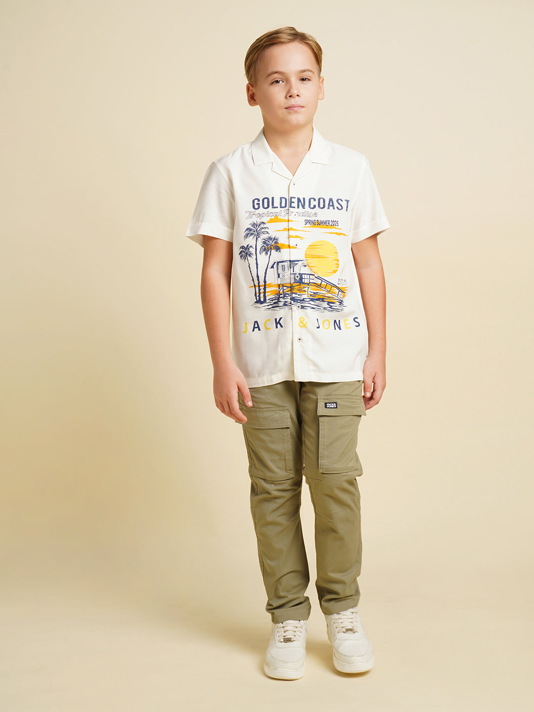 Boys White Printed Regular Fit Casual Shirt