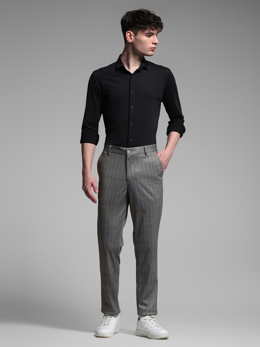 Men's Grey Work Slim Fit Checked  Chinos