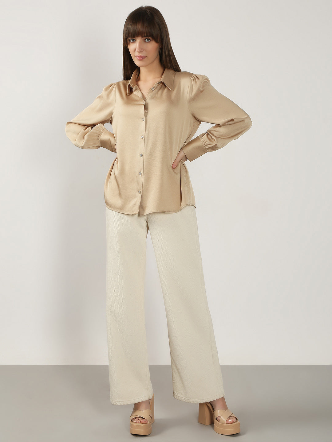 Women's Beige Casual Full Sleeves Shirt