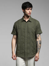 Men's Green Work Regular Fit Solid Half Sleeves Shirt