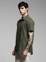 Men's Green Work Regular Fit Solid Half Sleeves Shirt