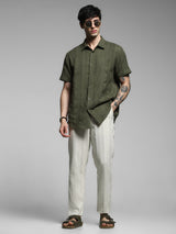 Men's Green Work Regular Fit Solid Half Sleeves Shirt
