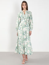 Women's Green Floral Cotton Midi Dress