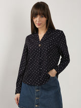 Women's Black Printed V Neck Top