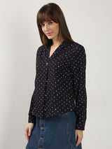 Women's Black Printed V Neck Top