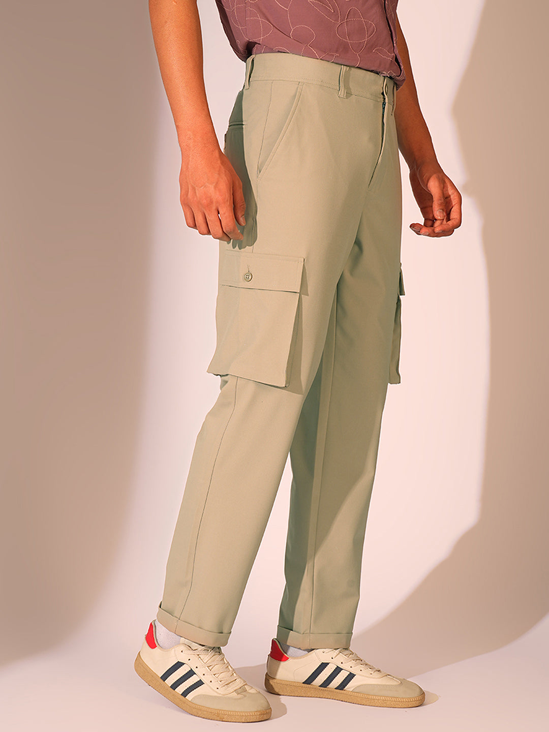 Men's Beige Casual Regular Fit Solid Trousers