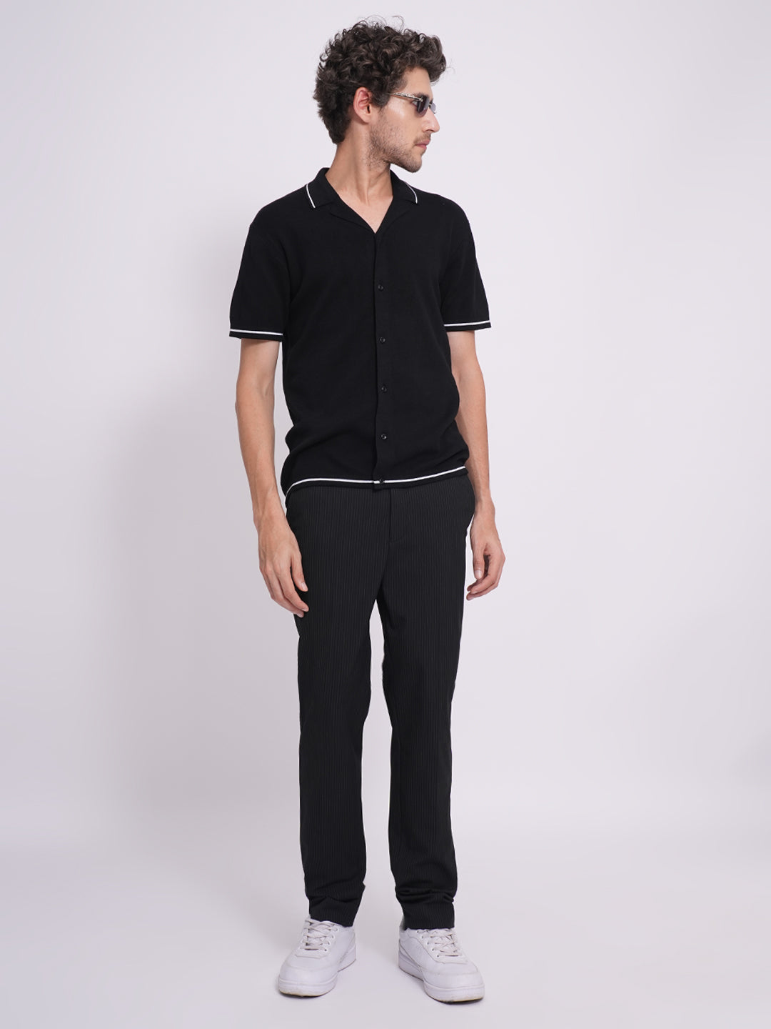 Men's Black Work Regular Fit Striped Trousers