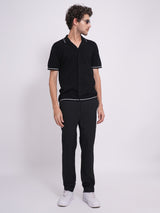 Men's Black Work Regular Fit Striped Trousers