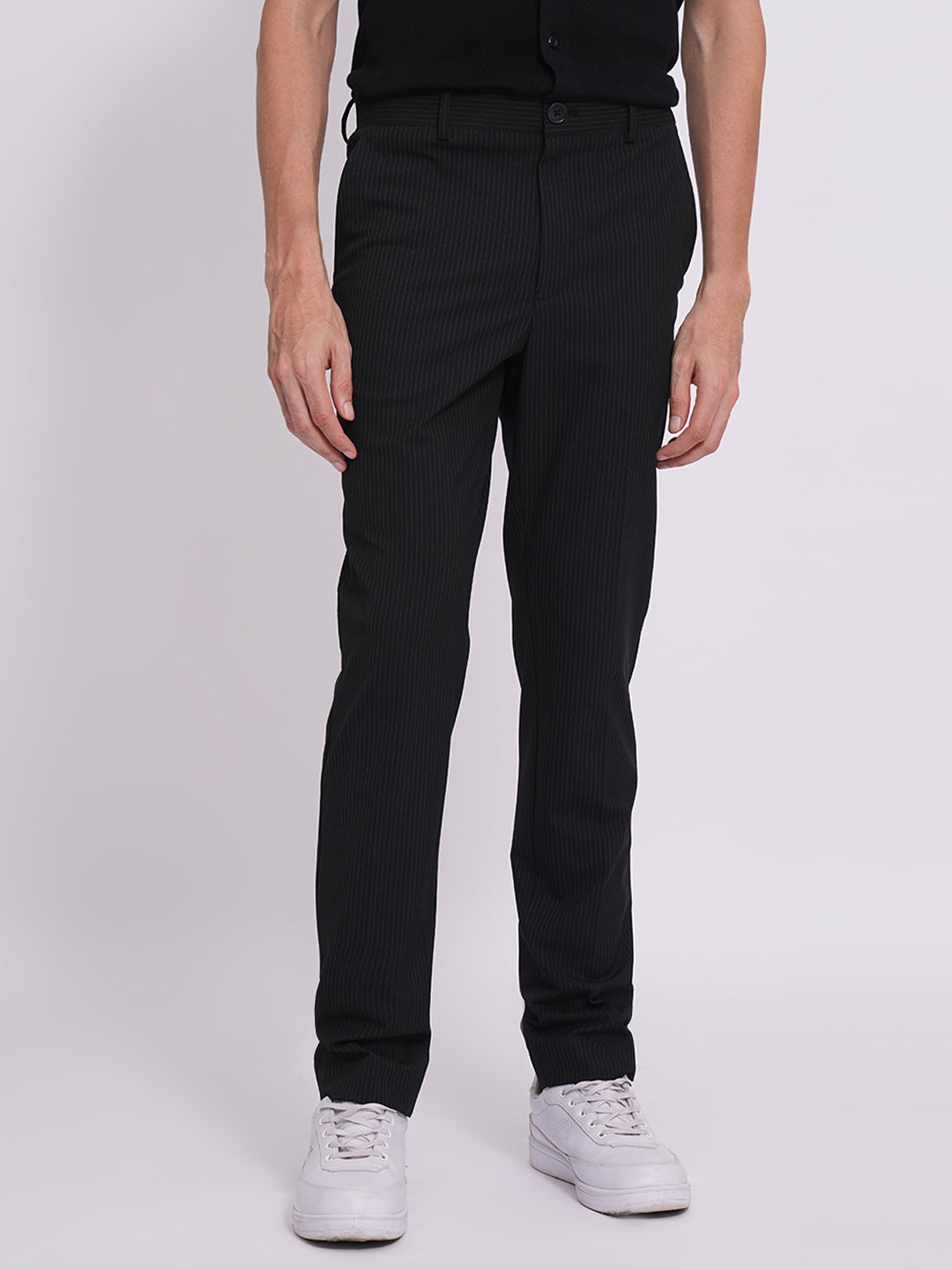 Men's Black Work Regular Fit Striped Trousers