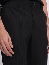 Men's Black Work Regular Fit Striped Trousers