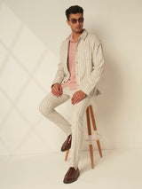 Men's Beige Casual Regular Fit Stripes Trousers