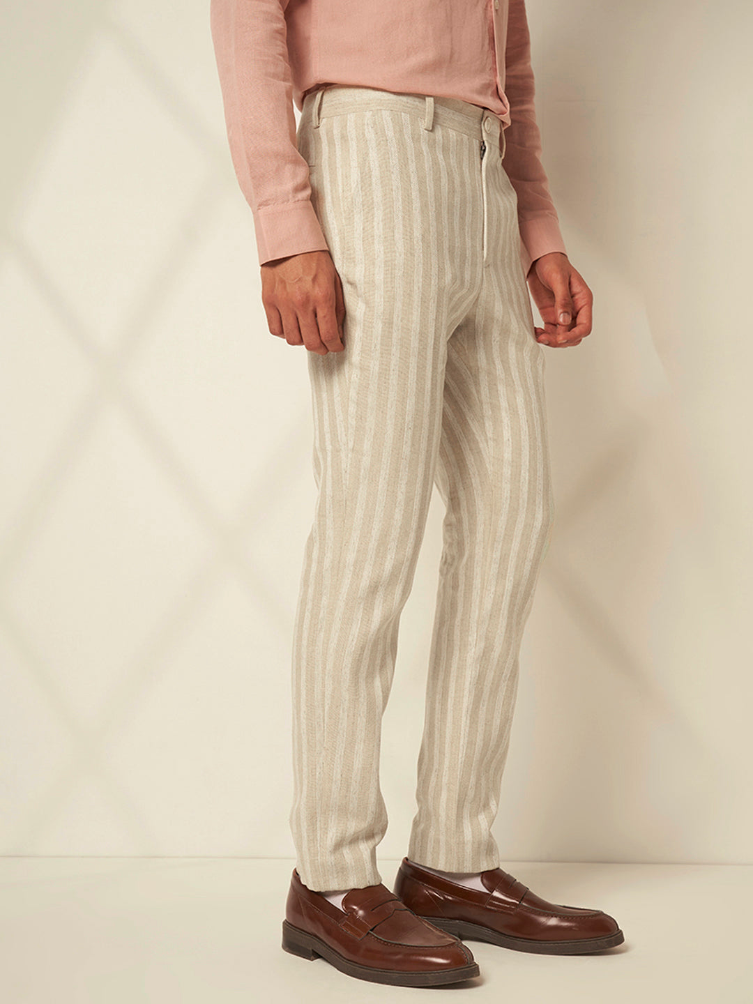 Men's Beige Casual Regular Fit Stripes Trousers