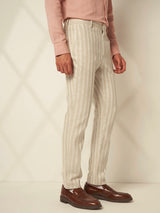 Men's Beige Casual Regular Fit Stripes Trousers