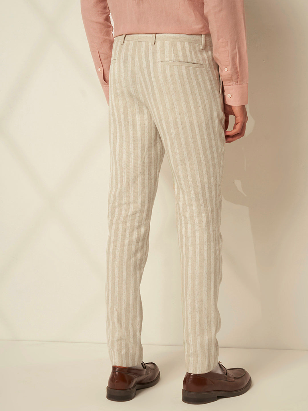 Men's Beige Casual Regular Fit Stripes Trousers