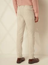 Men's Beige Casual Regular Fit Stripes Trousers