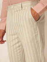 Men's Beige Casual Regular Fit Stripes Trousers