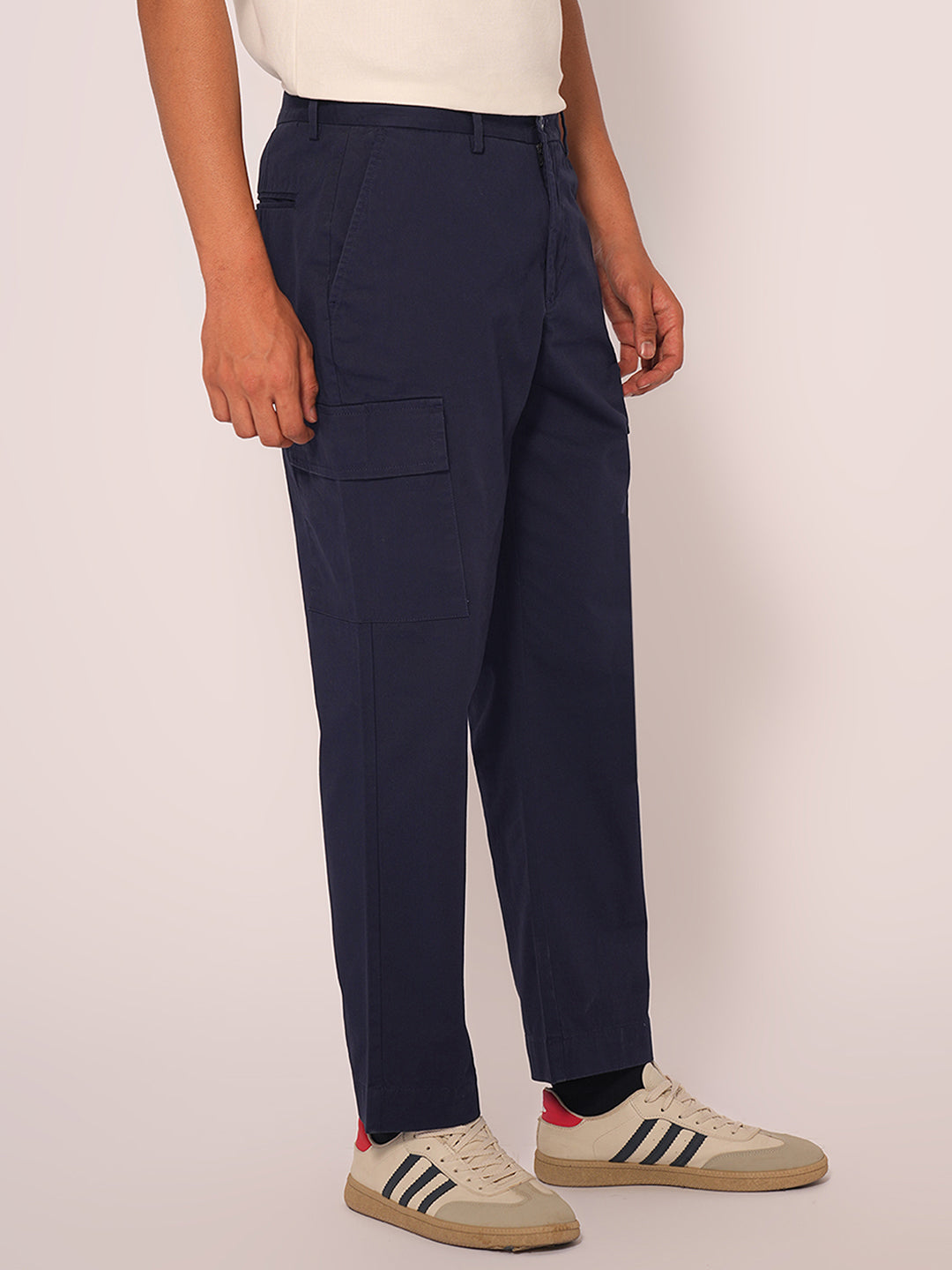 Men's Navy Casual Regular Fit Solid Trousers