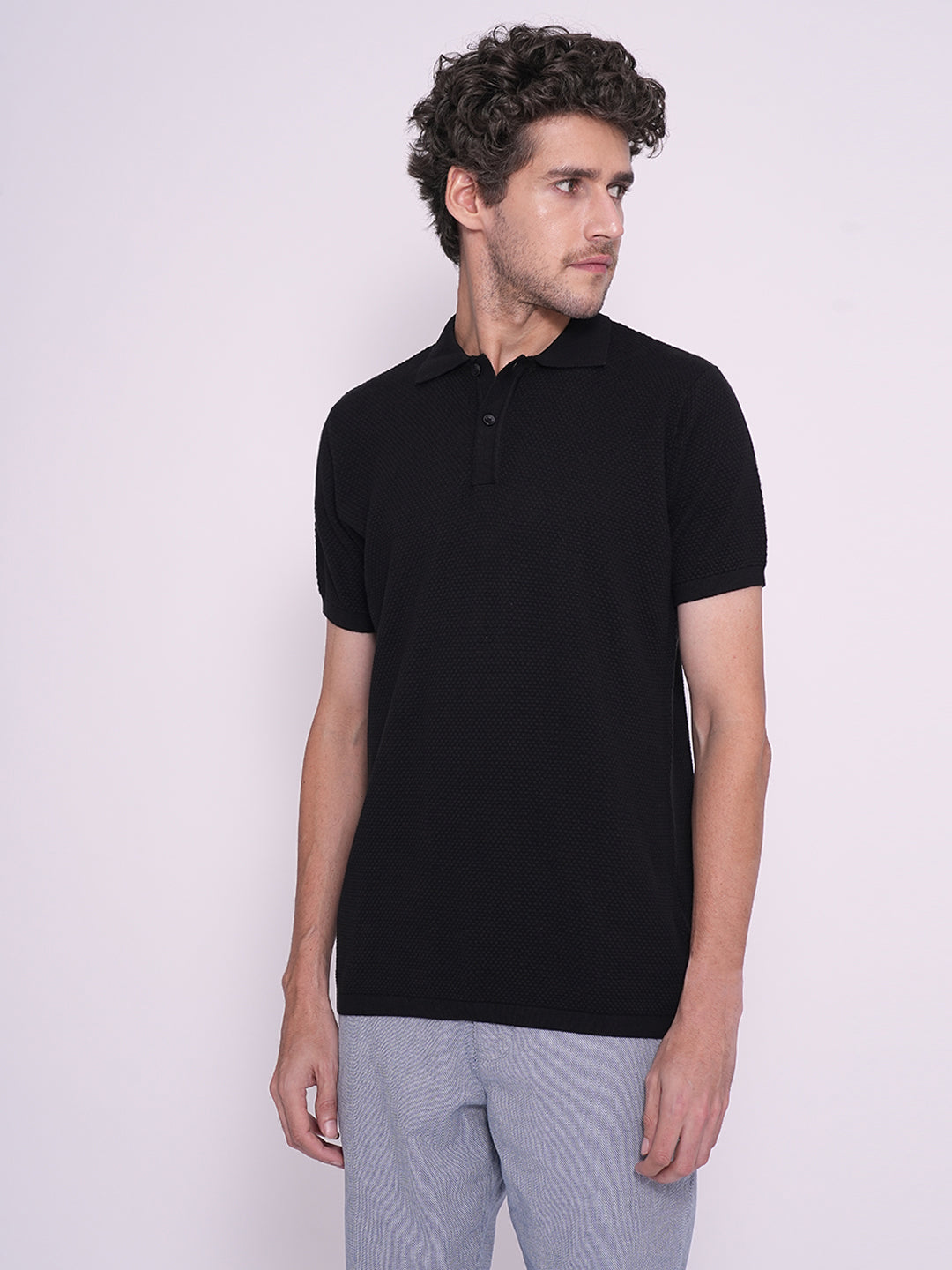 Men's Black Casual Slim Fit Solid Short Sleeve Polo Tshirt