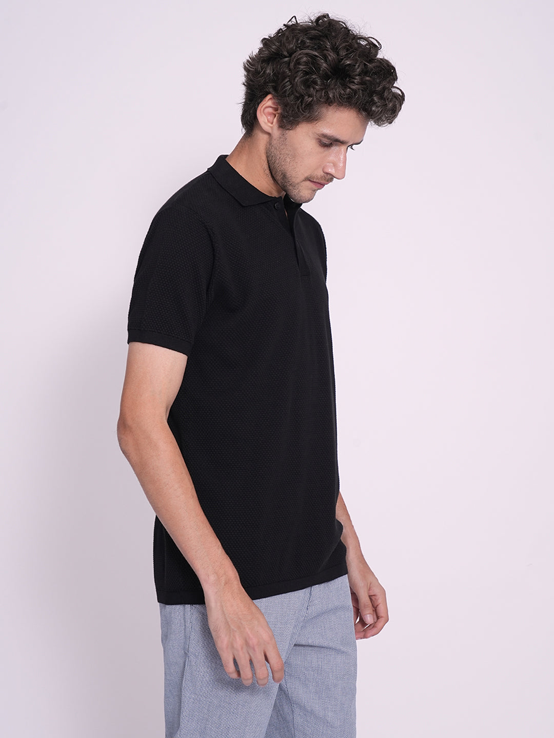 Men's Black Casual Slim Fit Solid Short Sleeve Polo Tshirt