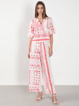 Women's White and Pink Casual Printed Half Sleeves Shirt