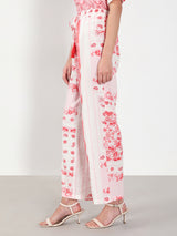 Women's White and Pink Casual Printed Flared Trouser
