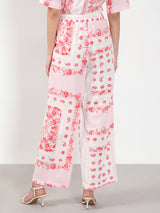 Women's White and Pink Casual Printed Flared Trouser
