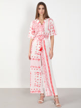 Women's White and Pink Casual Printed Flared Trouser