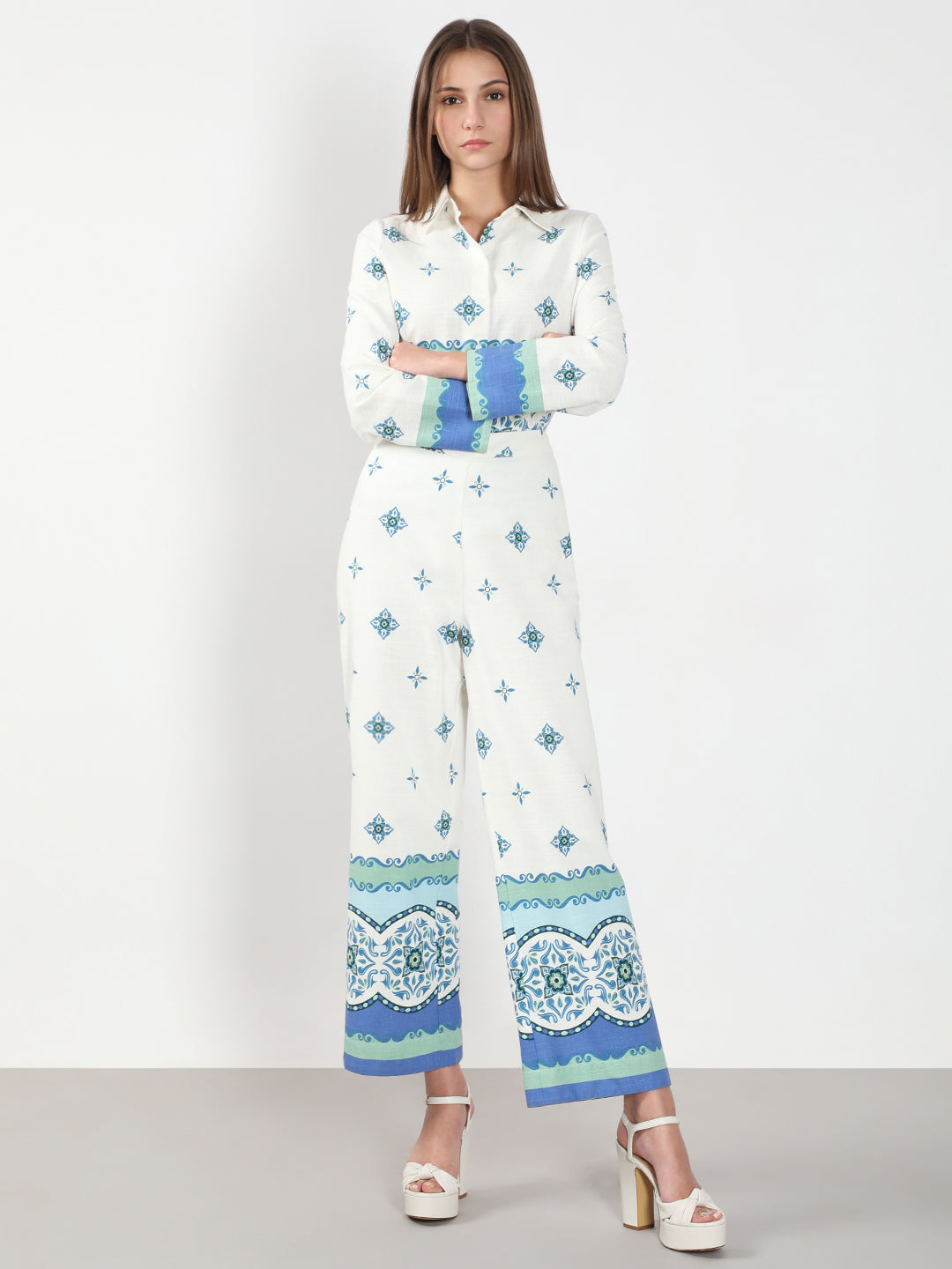 Women's White Casual Printed Straight Pant
