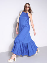 Women's Blue Casual Self-Design Fit & Flared Dress