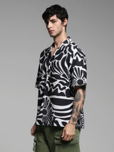 Men's Black Casual Oversized Fit Printed Half Sleeves Shirt