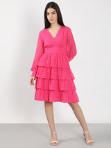 Women's Pink Casual Self-Design Fit & Flared Dress