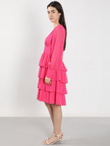 Women's Pink Casual Self-Design Fit & Flared Dress