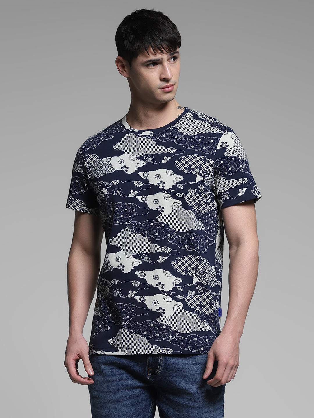 Men's Navy Casual Regular Fit Printed Half Sleeves Tshirt