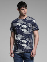 Men's Navy Casual Regular Fit Printed Half Sleeves Tshirt