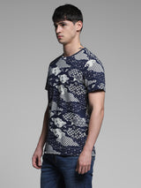 Men's Navy Casual Regular Fit Printed Half Sleeves Tshirt